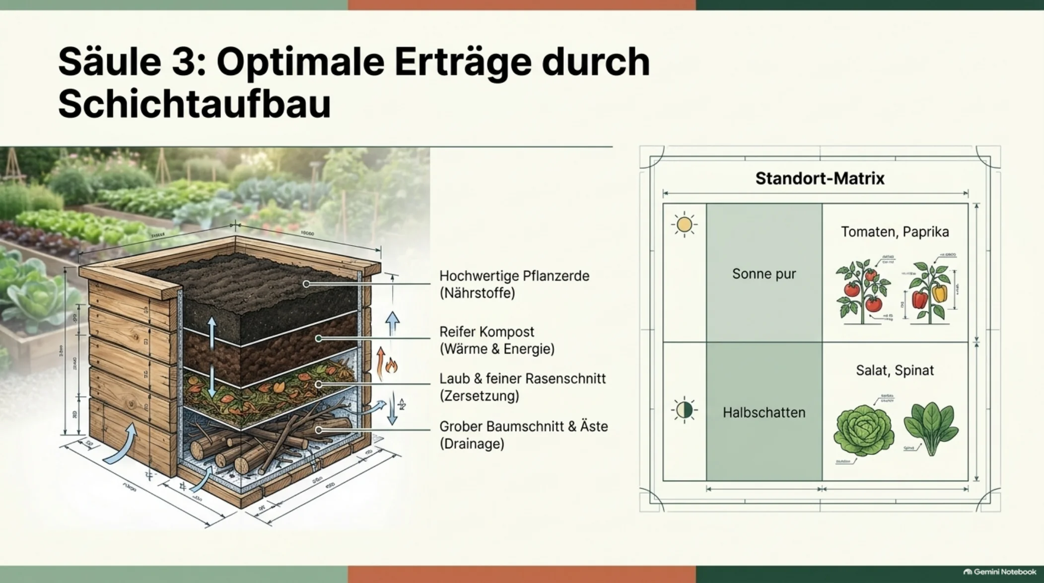 Infografik: Standort-Matrix für Gemüse – Sonne und Halbschatten für Tomaten, Paprika, Salat und Spinat