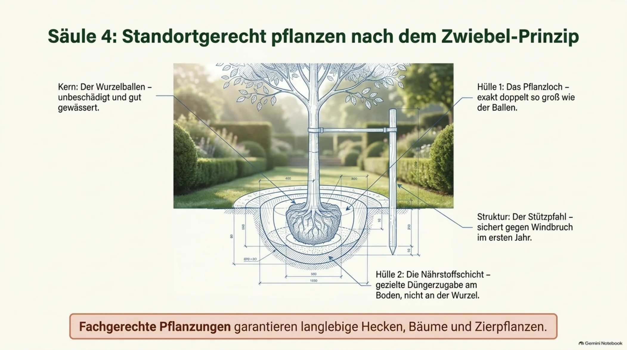Infografik: Standortgerecht pflanzen – Pflanzloch, Wurzelballen, Stützpfahl und Nährstoffschicht