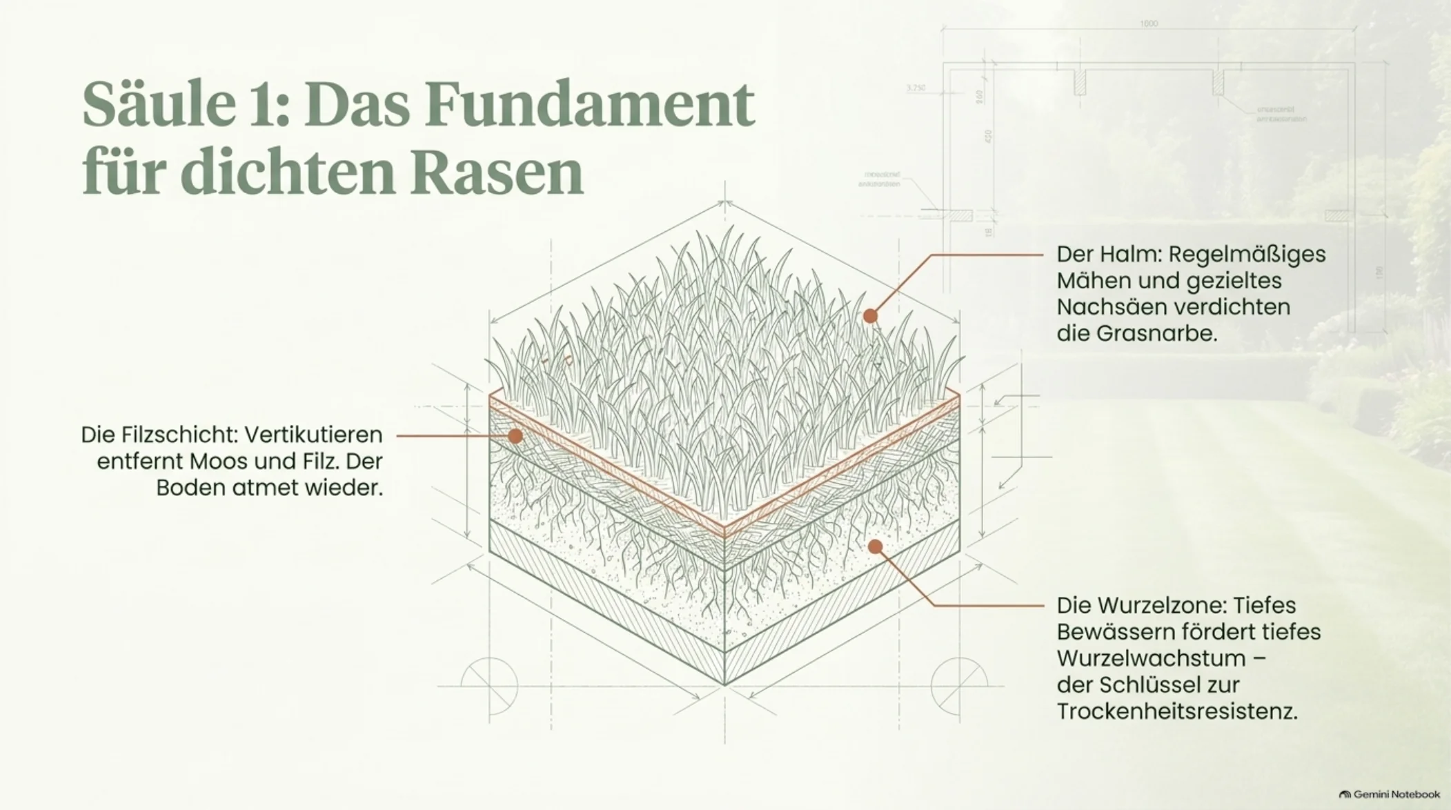 Infografik: Das Fundament für dichten Rasen – regelmäßiges Mähen, Nachsäen, Vertikutieren und tiefes Bewässern