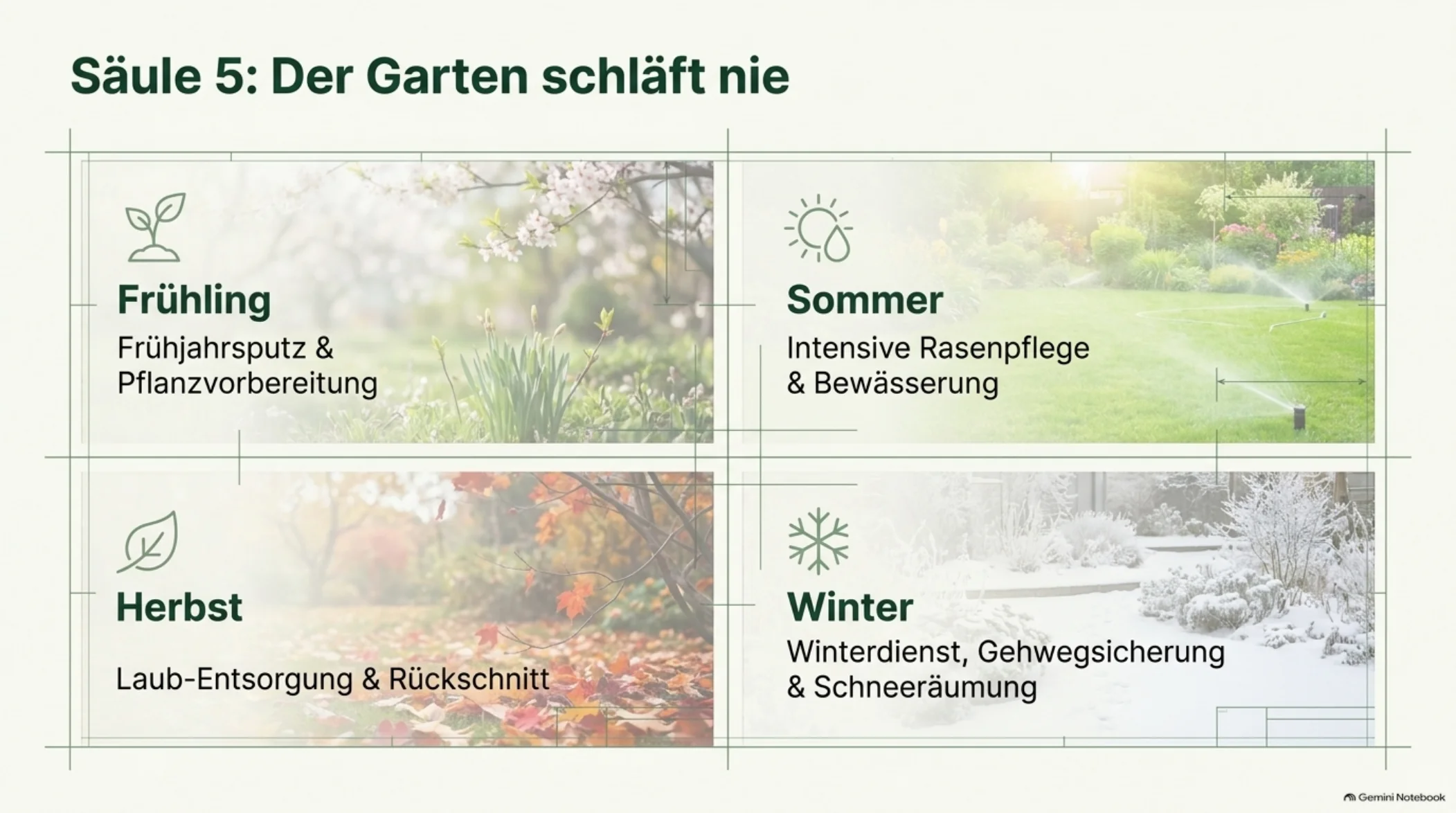Infografik: Gartenpflege im Jahresverlauf – Frühjahr, Sommer, Herbst und Winter